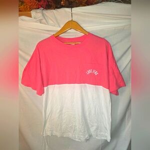 VICTORIA'S SECRET LOVE PINK OVERSIZED LOGO VARSITY CREW TSHIRT PEACH/PINK M